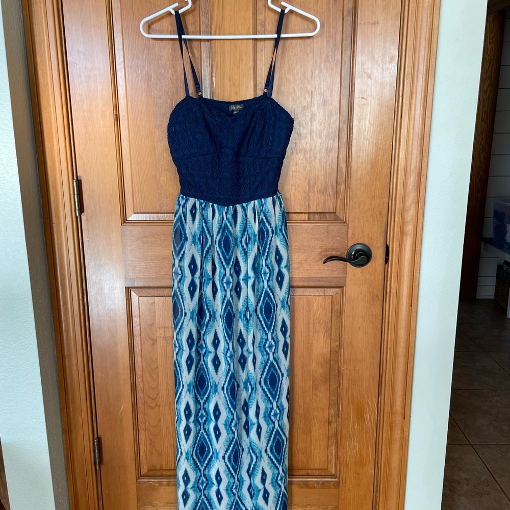 Lily Rose Navy Blue and Aqua Patterned Maxi Dress